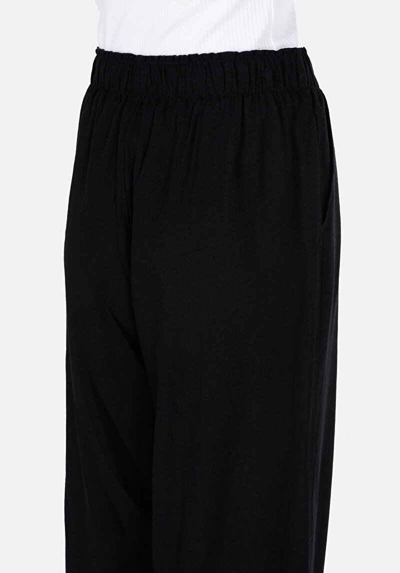 Regular Fit Yüksek Bel Geniş Paça Astarsız Kadın Siyah Pantolon
