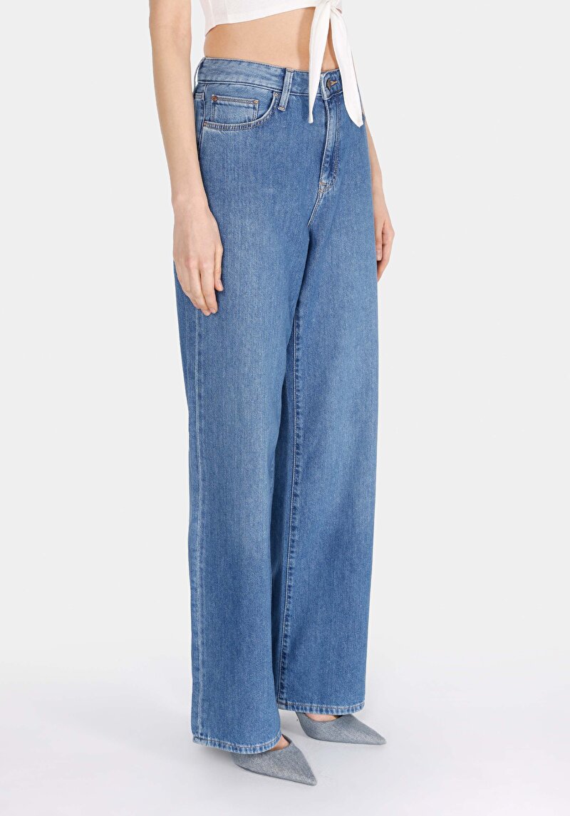 Regular Fit Kadın Pamuklu Fermuarlı Mid İndigo Denim Jean Pantolon