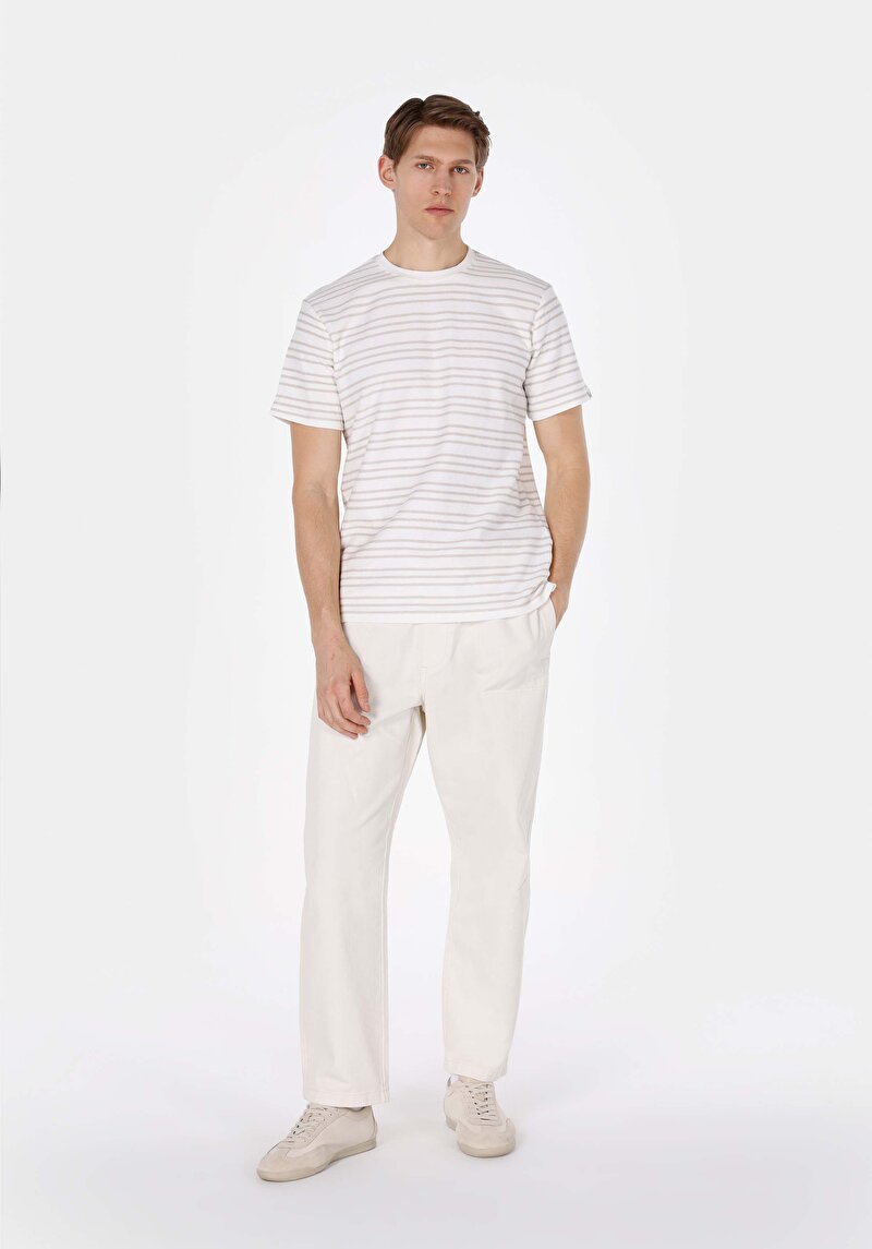 Regular Fit Yuvarlak Yaka Çizgili Erkek Beyaz Kısa Kol Tişört