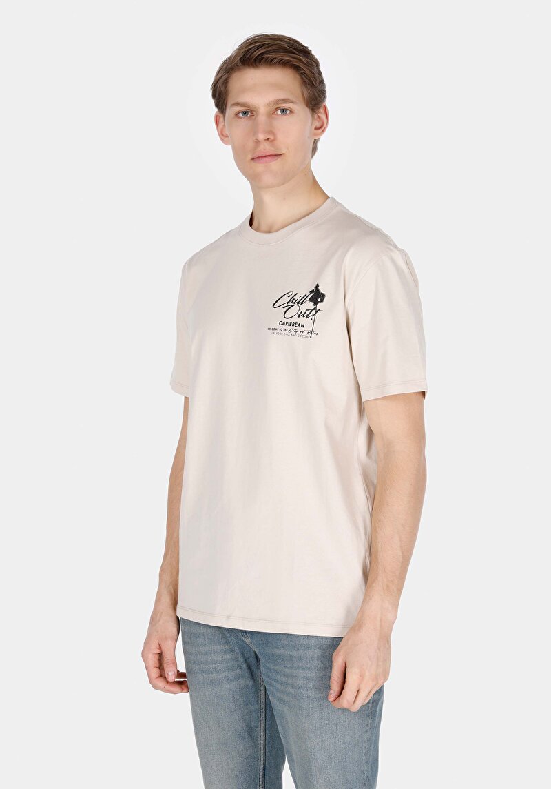 Comfort Fit Yuvarlak Yaka Düz Erkek Bej Baskılı Kısa Kol Tişört