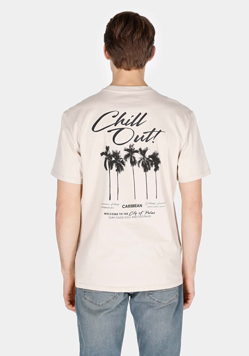 Comfort Fit Yuvarlak Yaka Düz Erkek Bej Baskılı Kısa Kol Tişört