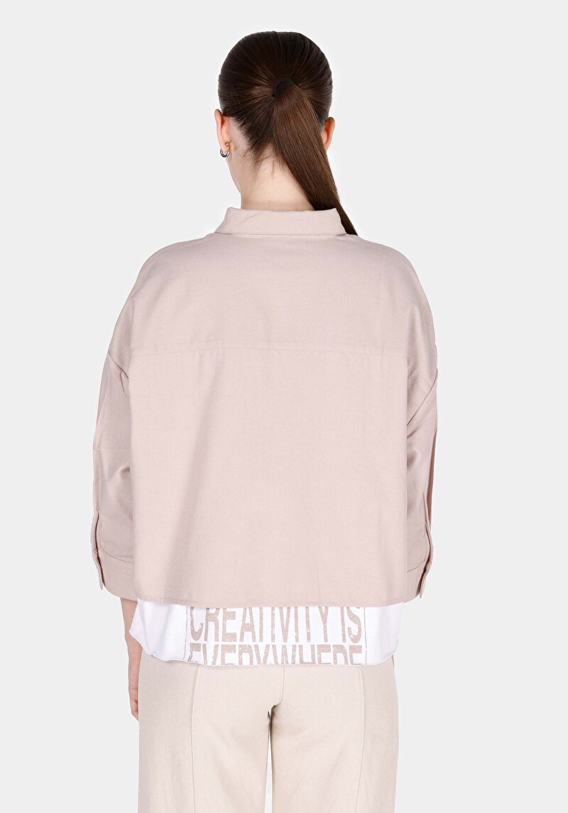 Regular Fit Shirt Neck Düz Kadın Vizon ¾ Kol Gömlek