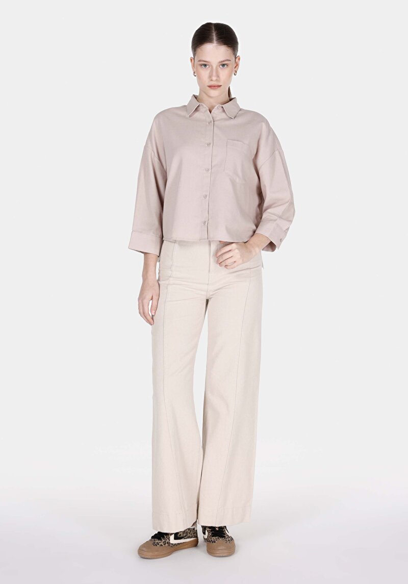 Regular Fit Shirt Neck Düz Kadın Vizon ¾ Kol Gömlek