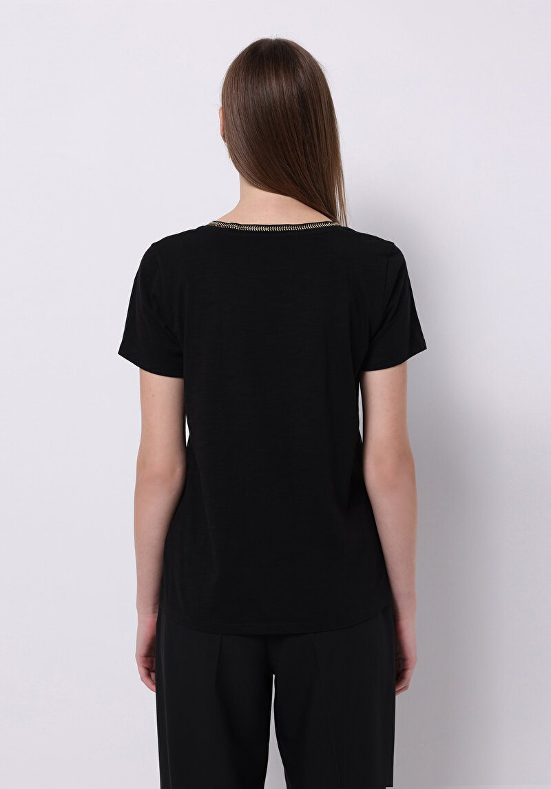 Regular Fit V Yaka Düz Kadın Siyah Kısa Kol Tişört