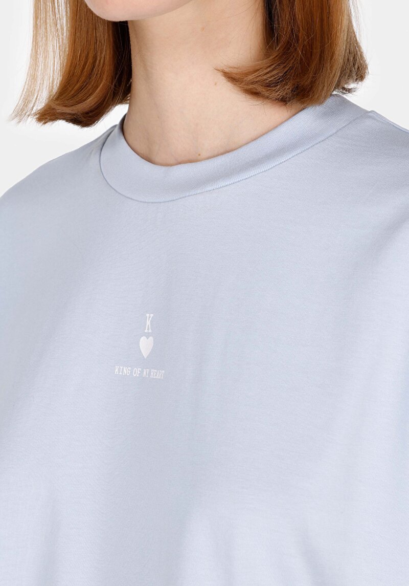 Regular Fit Pamuklu Yuvarlak Yaka Baskılı Kadın Mavi Kısa Kol Tişört