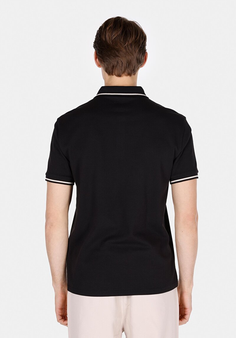 Regular Fit Polo Yaka Jakarlı Erkek Siyah Kısa Kol Tişört