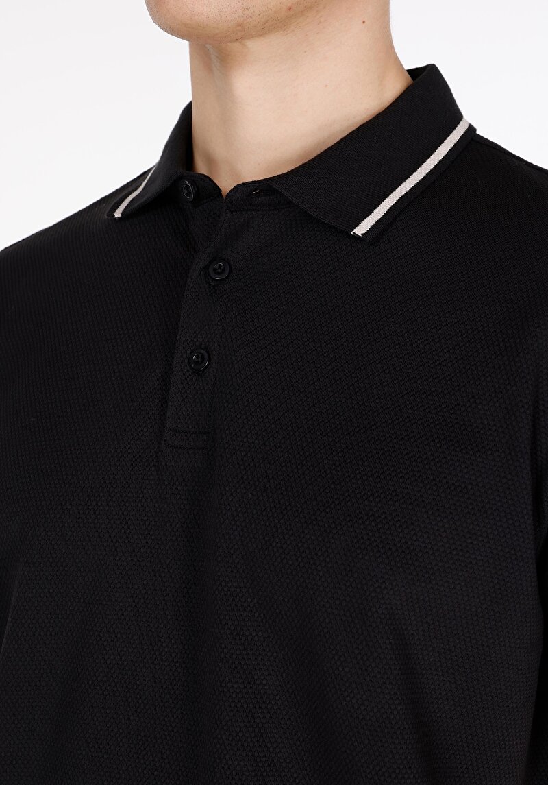 Regular Fit Polo Yaka Jakarlı Erkek Siyah Kısa Kol Tişört