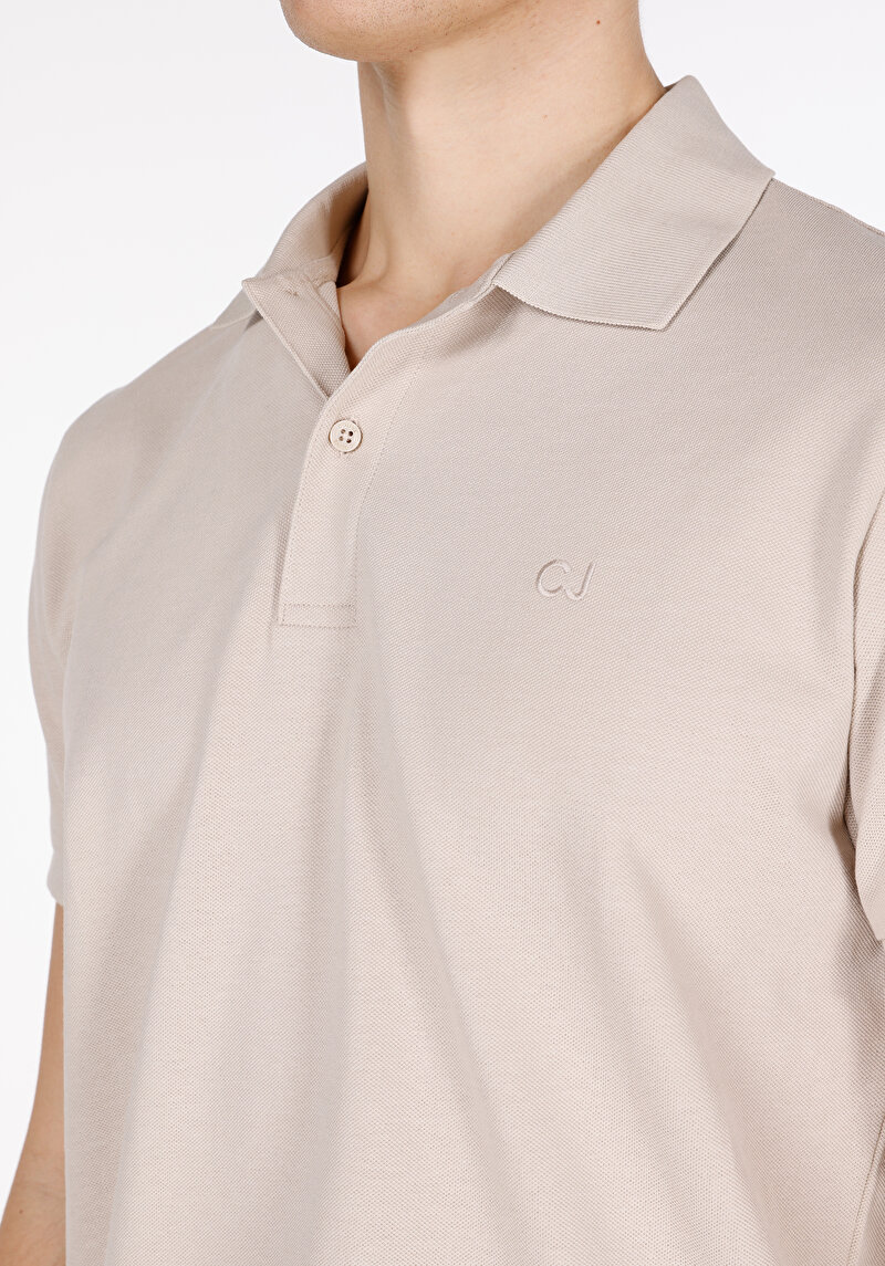 Regular Fit Polo Yaka Düz Örme Erkek Bej Kısa Kol Tişört