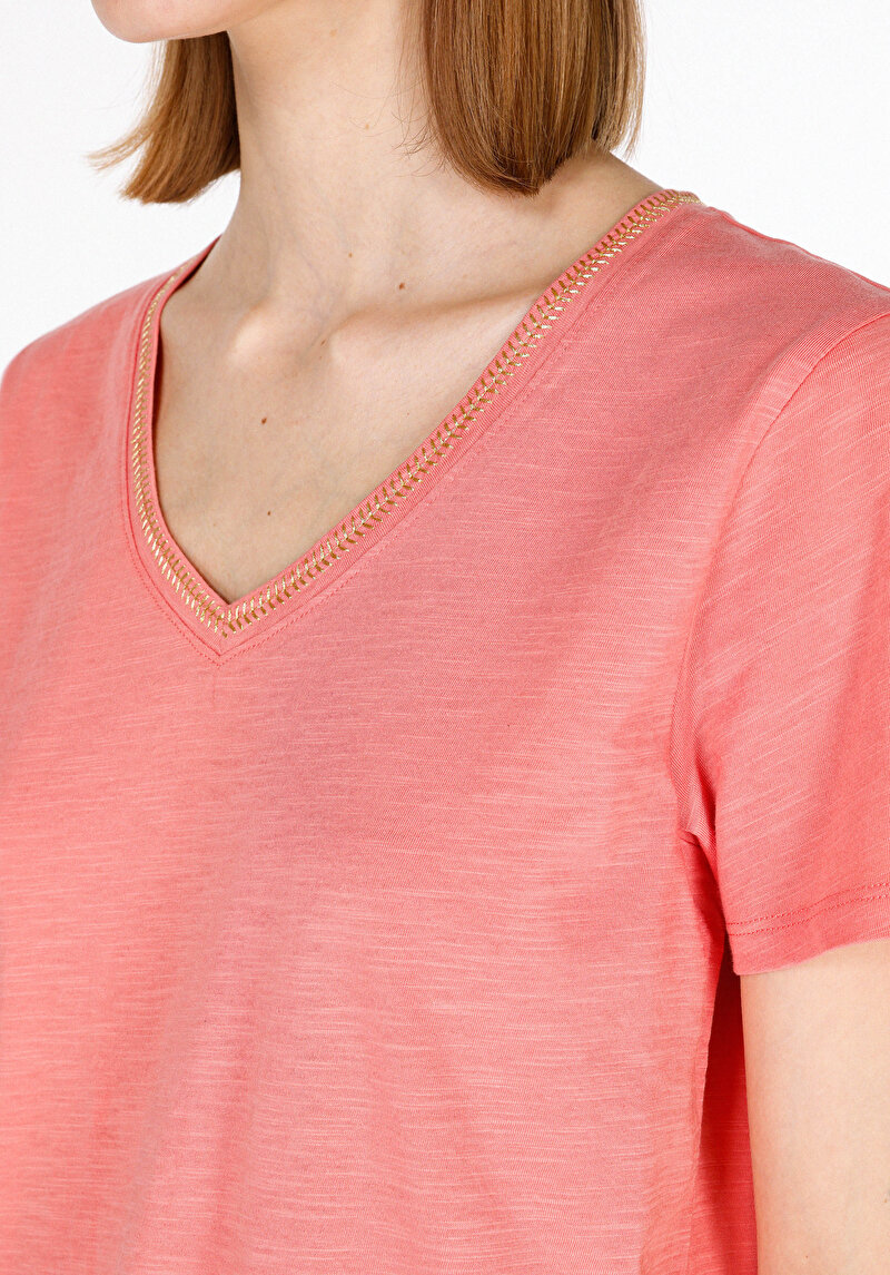 Regular Fit Pamuklu V Yaka Düz Kadın Turuncu Kısa Kol Tişört