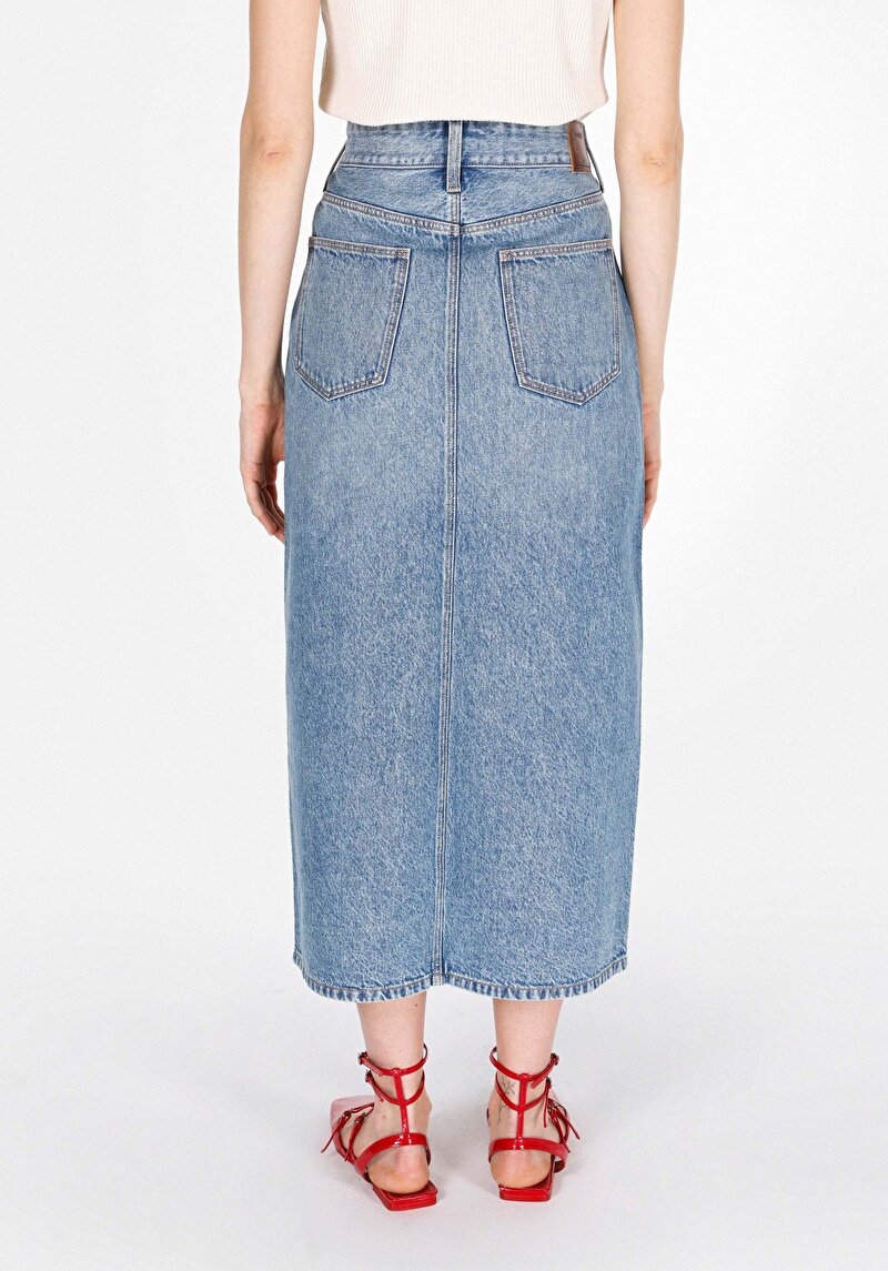 Slim Fit Düz Fermuarlı Kadın Mavi Etek