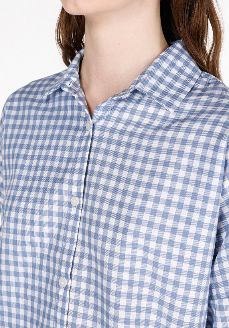 Regular Fit Shirt Neck Kareli Kadın Mavi Roll-up Gömlek