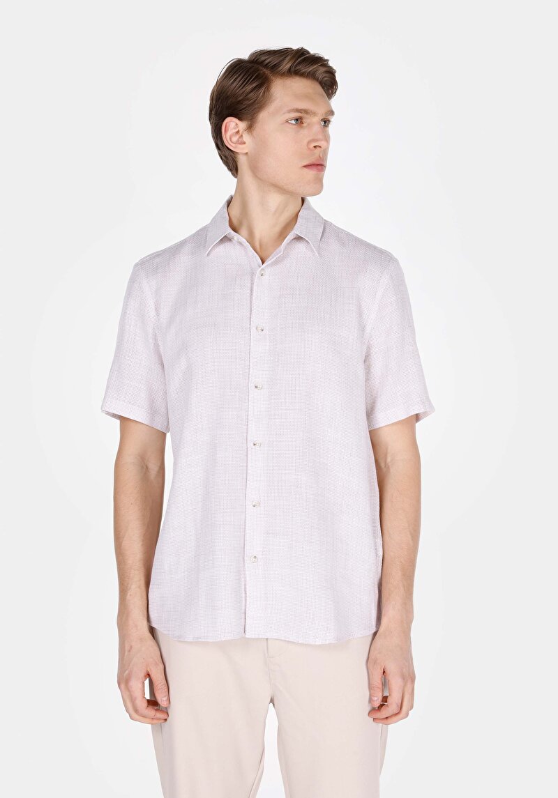 Regular Fit Pamuklu Shirt Neck Düz Erkek Bej Uzun Kol Gömlek