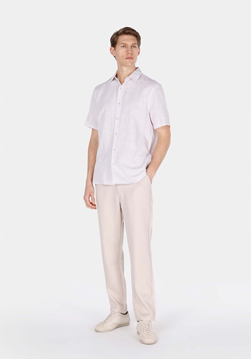Regular Fit Shirt Neck Düz Erkek Bej Uzun Kol Gömlek