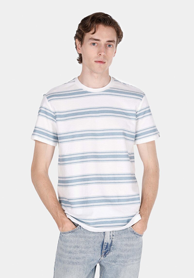 Regular Fit Yuvarlak Yaka Jakarlı Erkek Ekru Kısa Kol Tişört