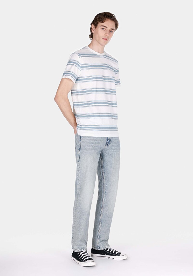 Regular Fit Yuvarlak Yaka Jakarlı Erkek Ekru Kısa Kol Tişört