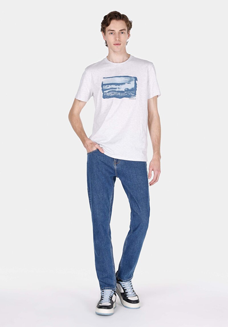 Regular Fit Yuvarlak Yaka Düz Erkek Ekru Kısa Kol Pamuklu Tişört