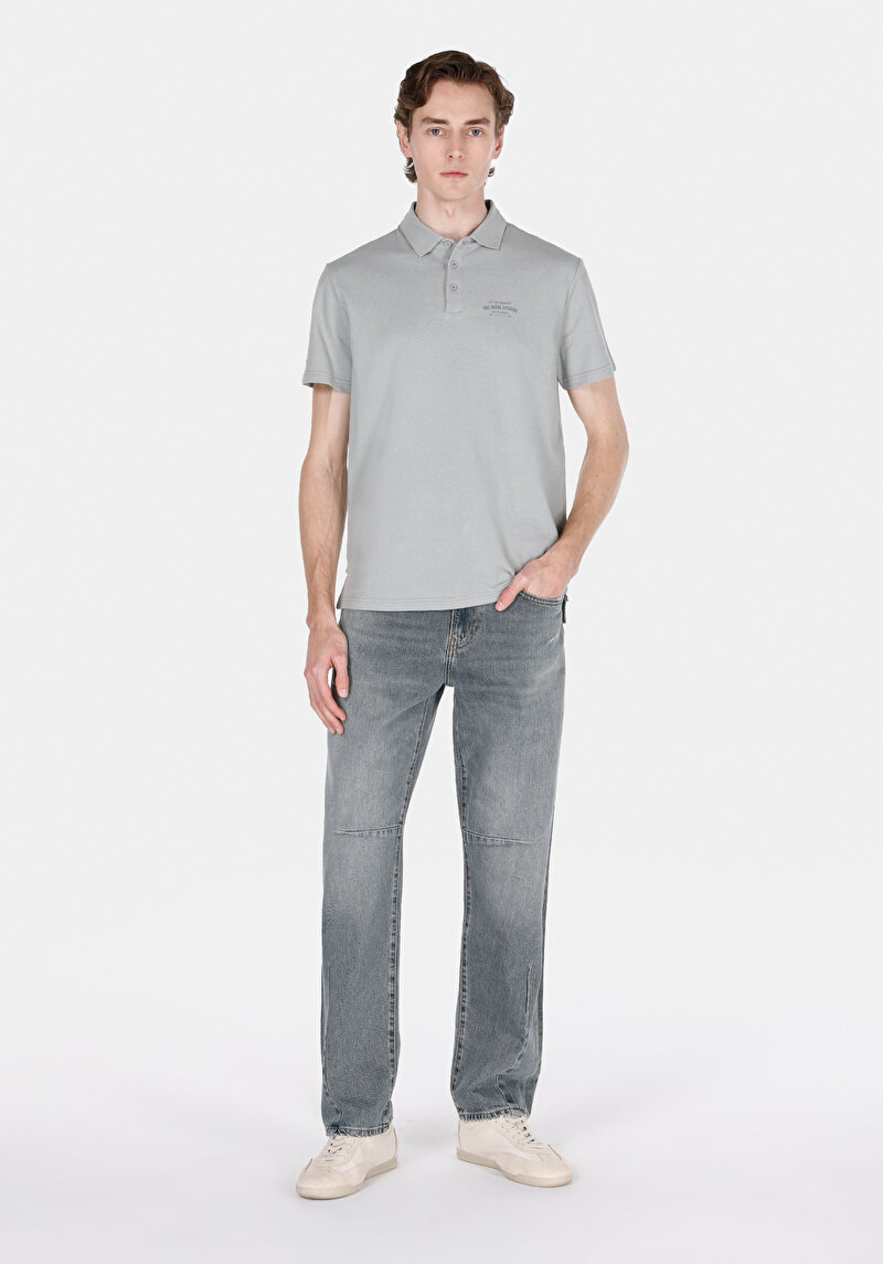 Regular Fit Polo Yaka Düz Erkek Gri Örme Kısa Kol Tişört