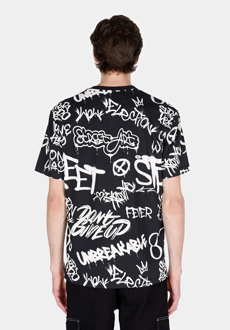 Comfort Fit Yuvarlak Yaka Baskılı Erkek Siyah Kısa Kol Tişört