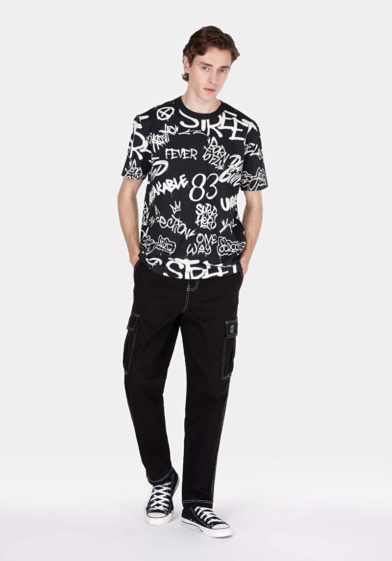 Comfort Fit Yuvarlak Yaka Baskılı Erkek Siyah Kısa Kol Tişört