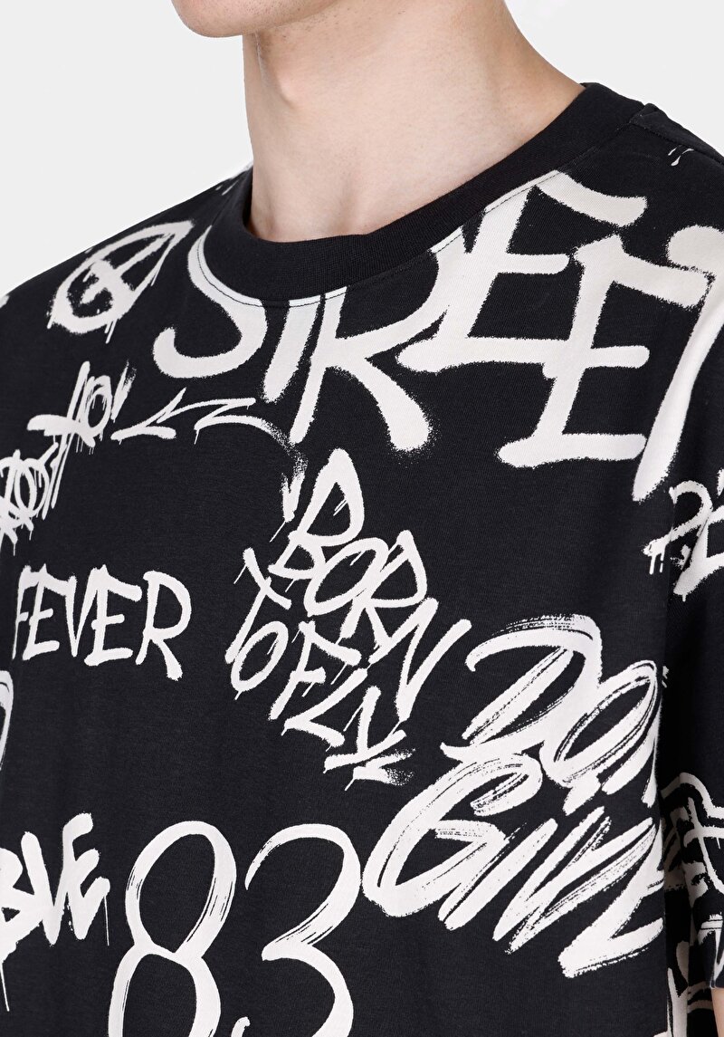 Comfort Fit Yuvarlak Yaka Baskılı Erkek Siyah Kısa Kol Tişört