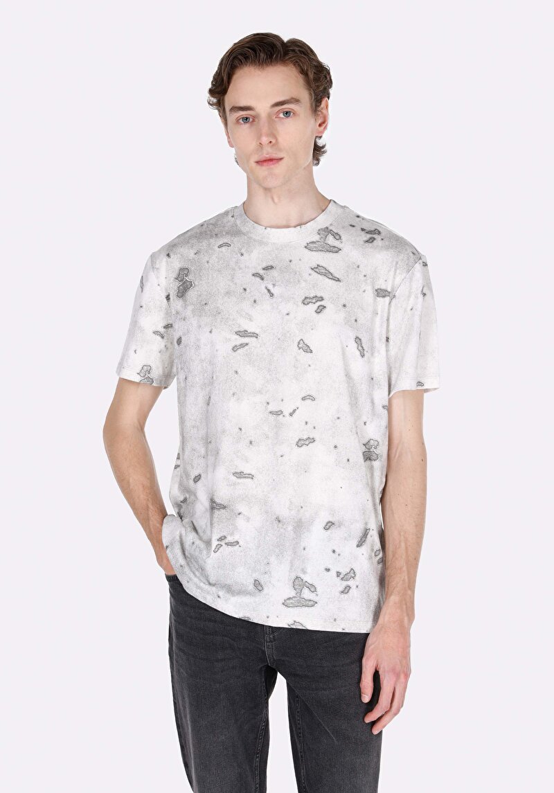 Comfort Fit Yuvarlak Yaka Baskılı Erkek Gri Kısa Kol Tişört