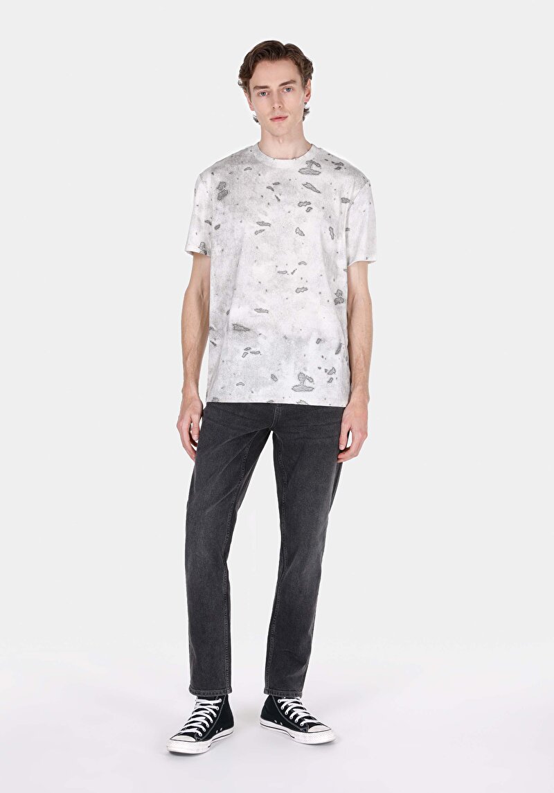 Comfort Fit Yuvarlak Yaka Baskılı Erkek Gri Kısa Kol Tişört