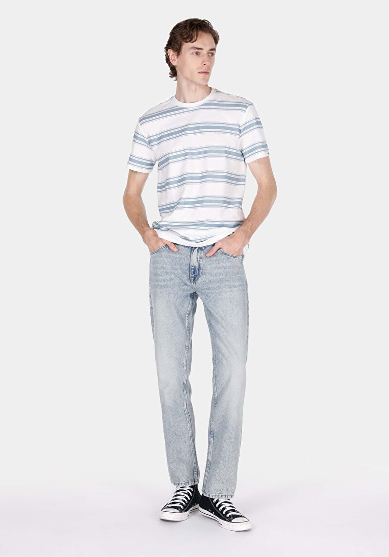Regular Fit Orta Bel Düz Paça Cepli Erkek Bleach İndigo Denim Jean Pantolon