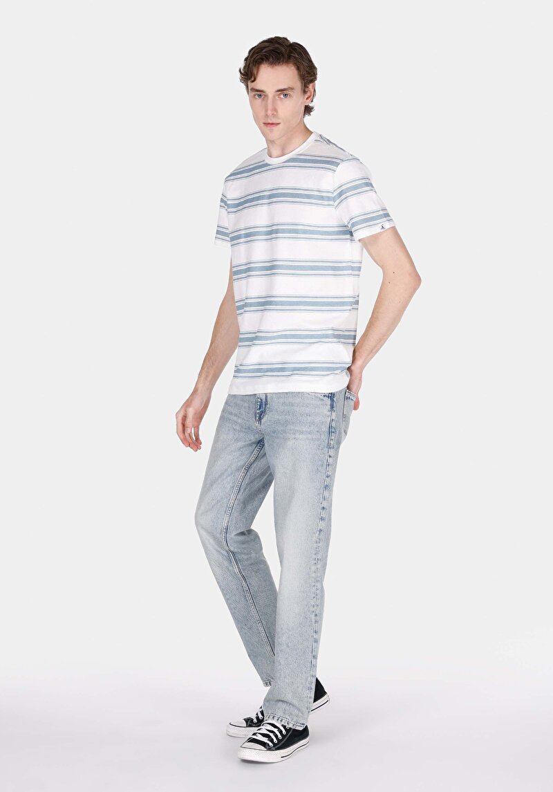 Regular Fit Orta Bel Düz Paça Cepli Erkek Bleach İndigo Denim Jean Pantolon