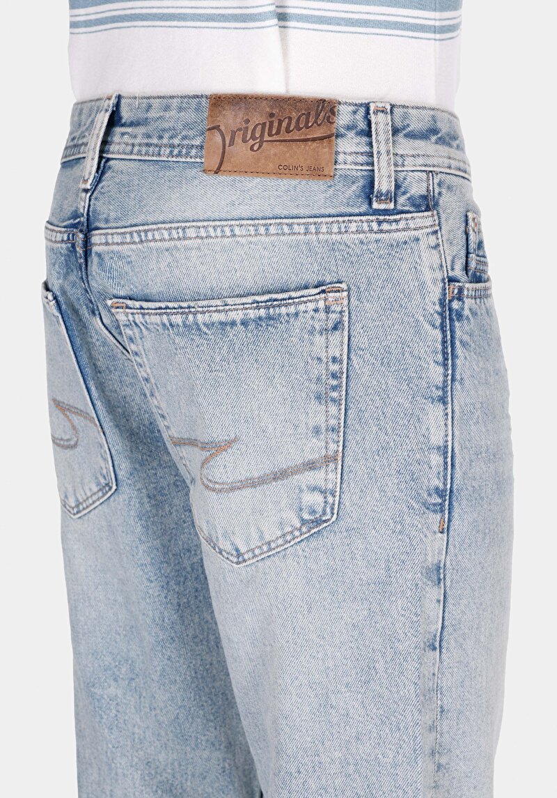 Regular Fit Orta Bel Düz Paça Cepli Erkek Bleach İndigo Denim Jean Pantolon