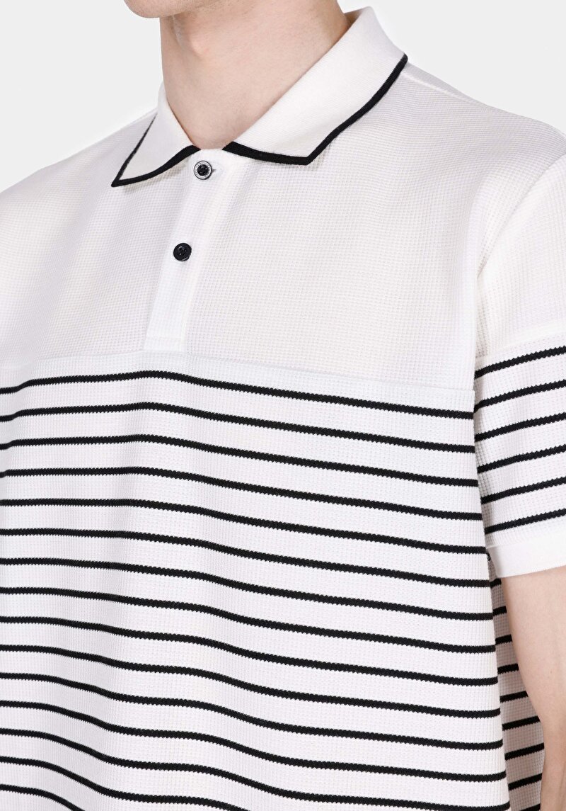 Regular Fit Polo Yaka Jakarlı Erkek Beyaz Kısa Kol Tişört