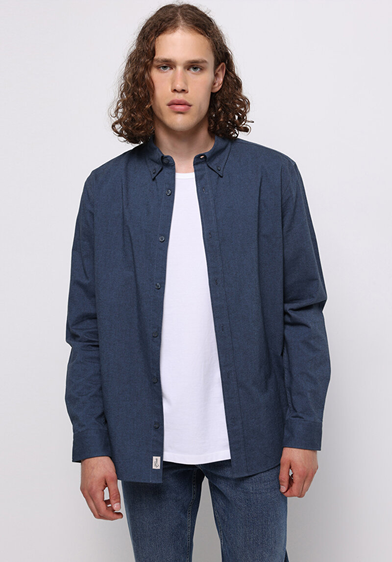 Regular Fit Shirt Neck Düz Erkek Lacivert Uzun Kol Gömlek