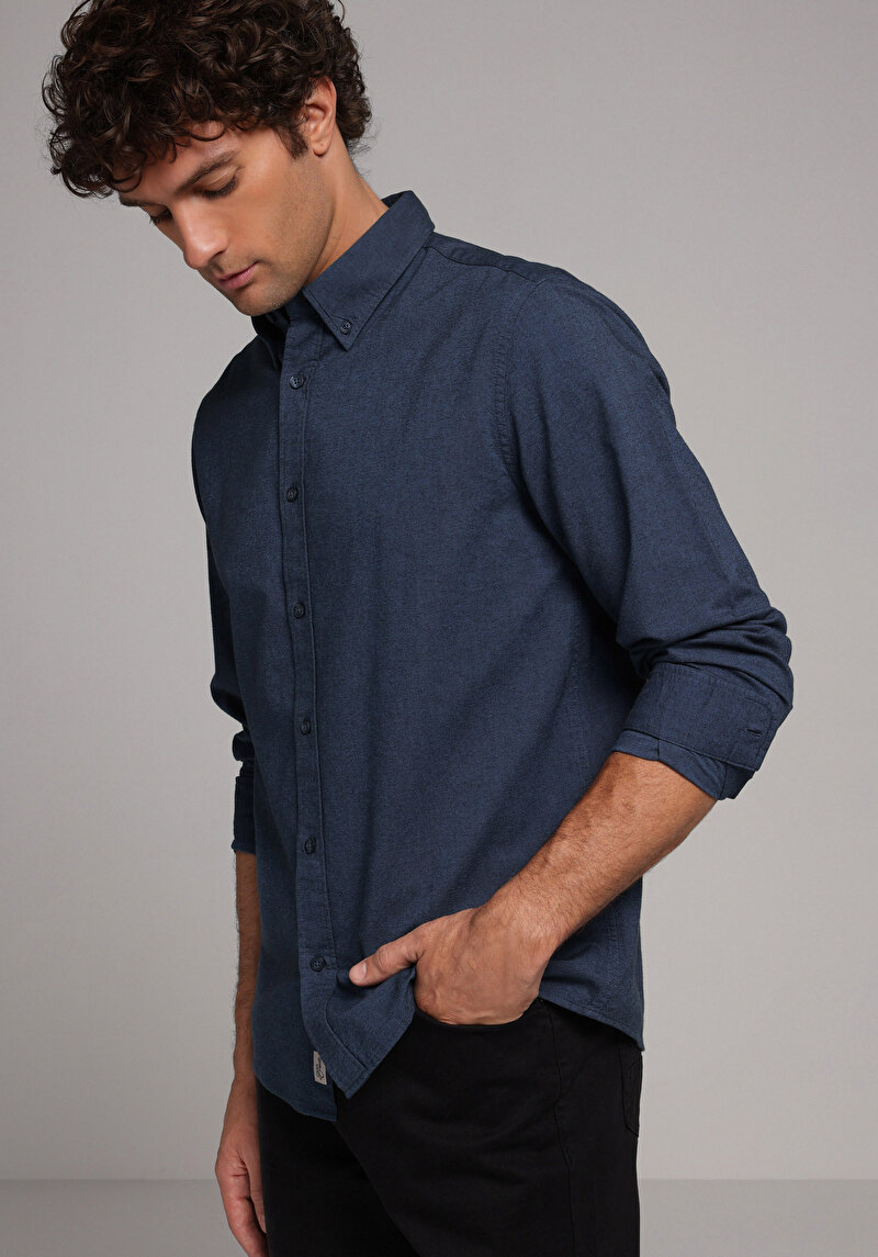 Regular Fit Shirt Neck Düz Erkek Lacivert Uzun Kol Gömlek