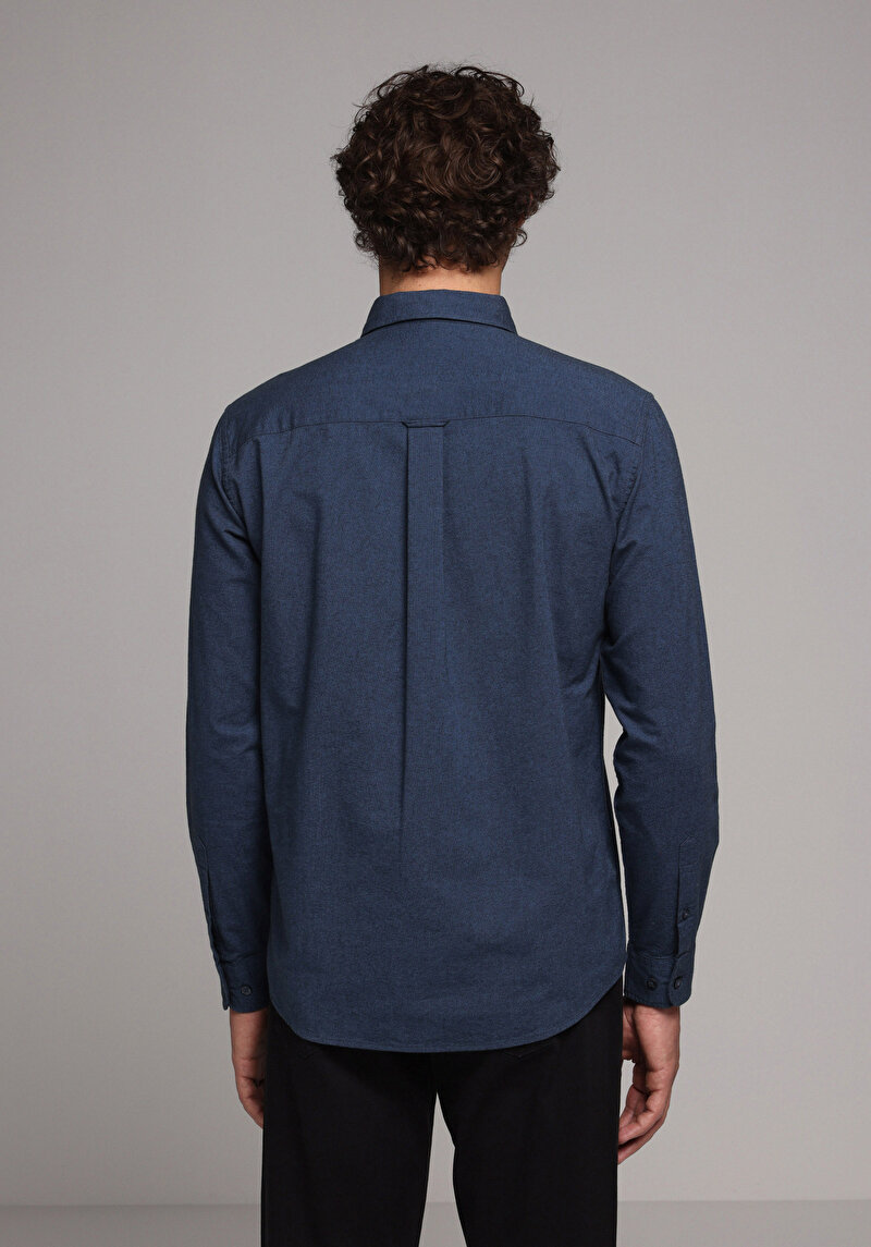 Regular Fit Shirt Neck Düz Erkek Lacivert Uzun Kol Gömlek
