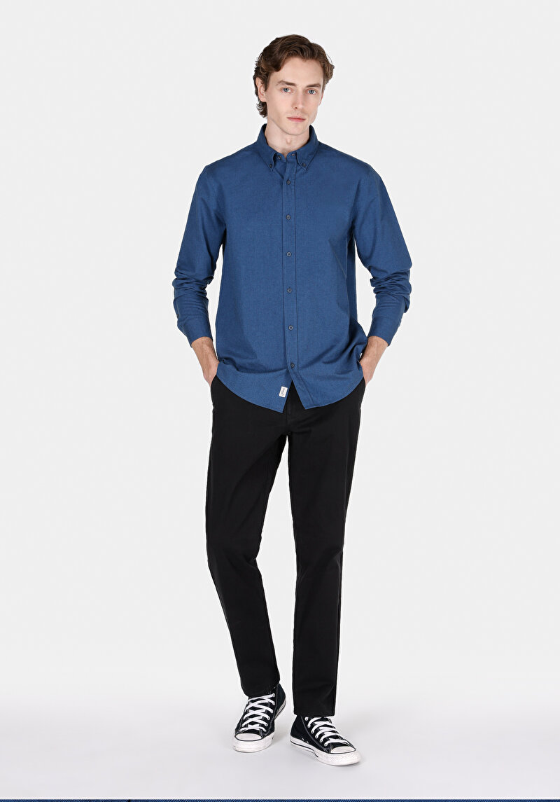 Regular Fit Shirt Neck Düz Erkek Lacivert Uzun Kol Gömlek