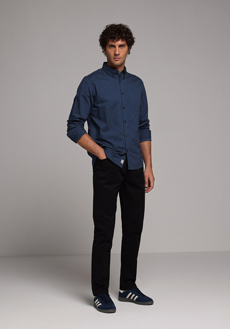 Regular Fit Shirt Neck Düz Erkek Lacivert Uzun Kol Gömlek