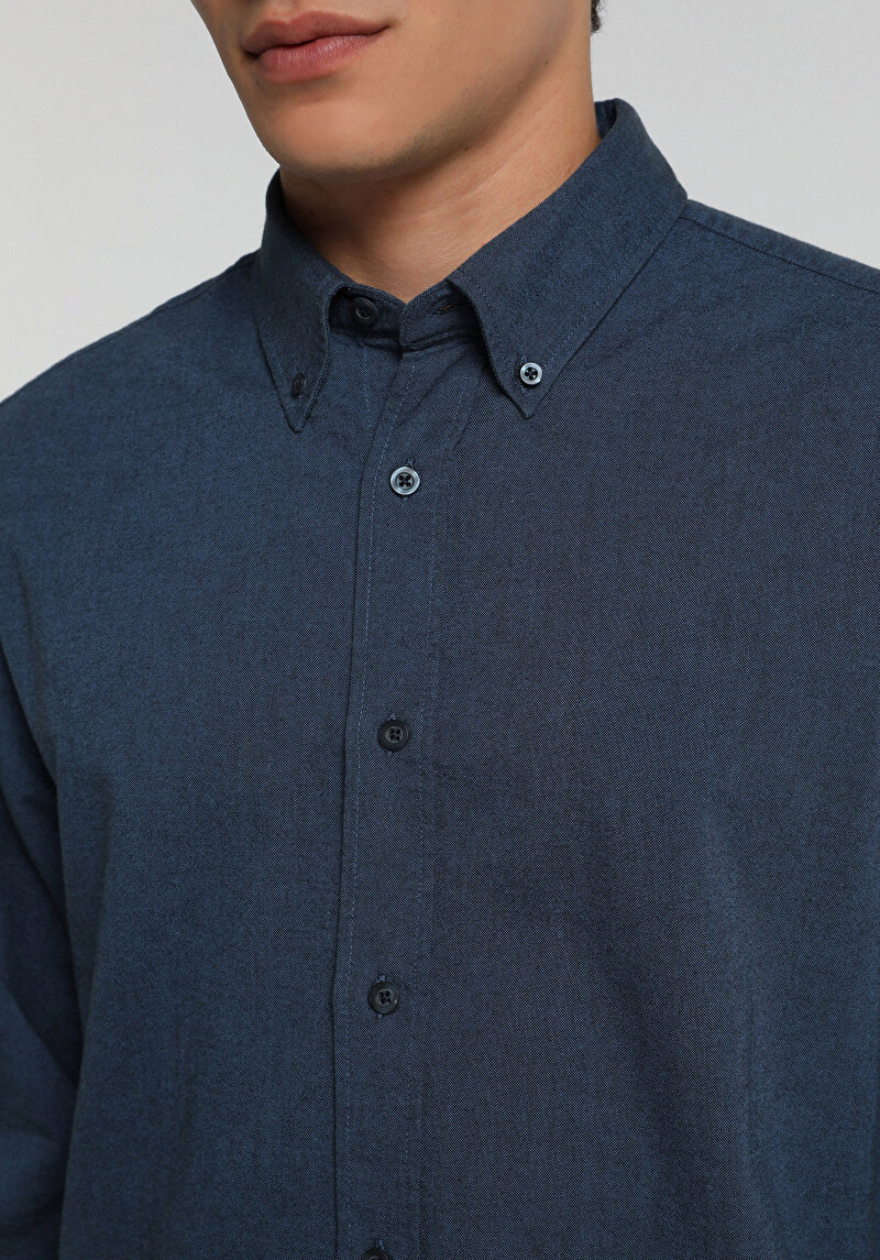 Regular Fit Shirt Neck Düz Erkek Lacivert Uzun Kol Gömlek