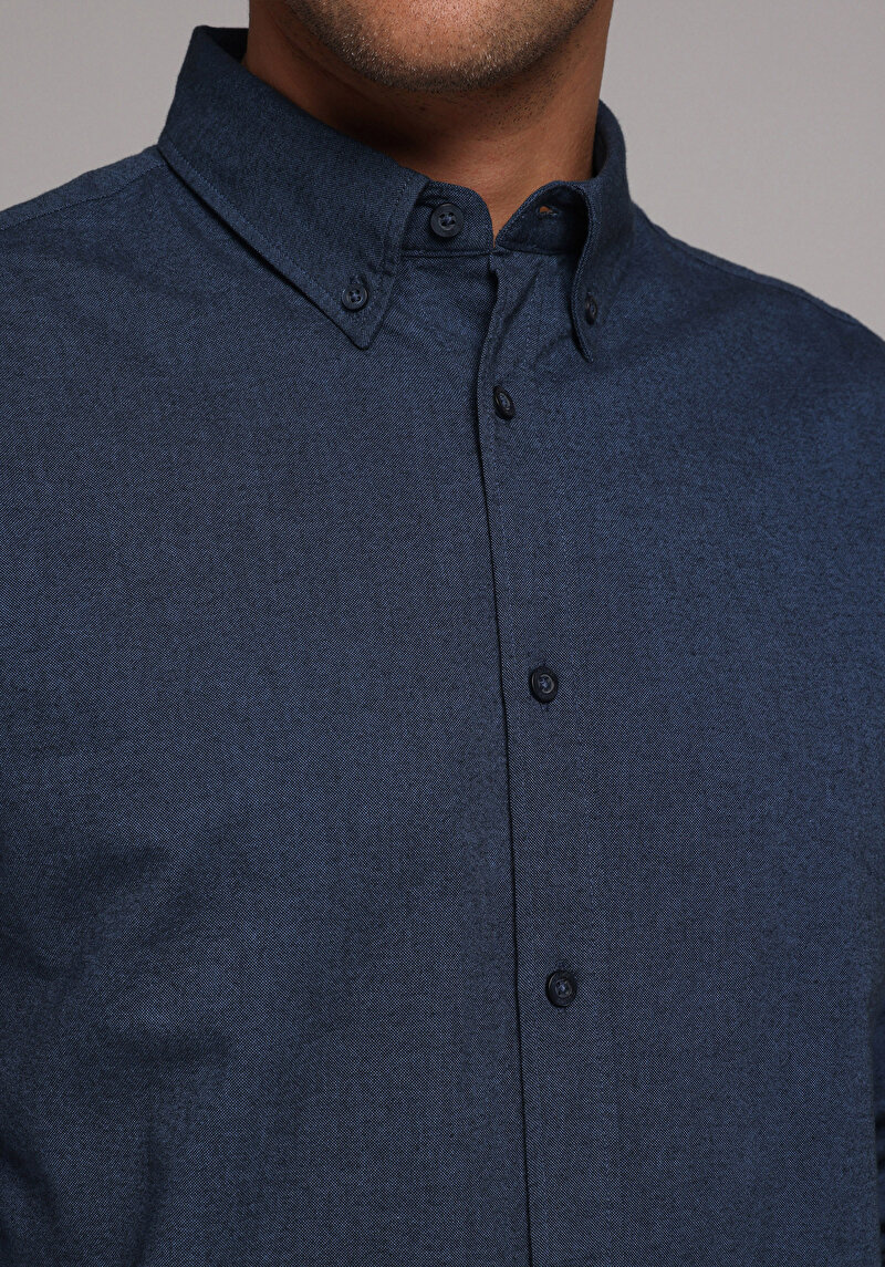 Regular Fit Shirt Neck Düz Erkek Lacivert Uzun Kol Gömlek