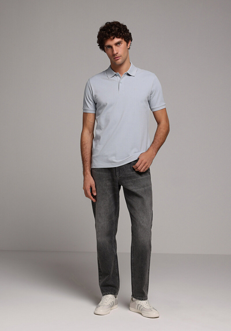 Regular Fit Polo Yaka Düz Erkek Mavi Örme Kısa Kol Tişört