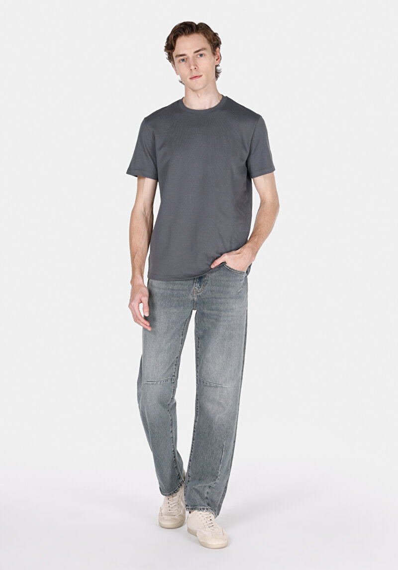 Regular Fit Yuvarlak Yaka Düz Erkek Antrasit Kısa Kol Tişört