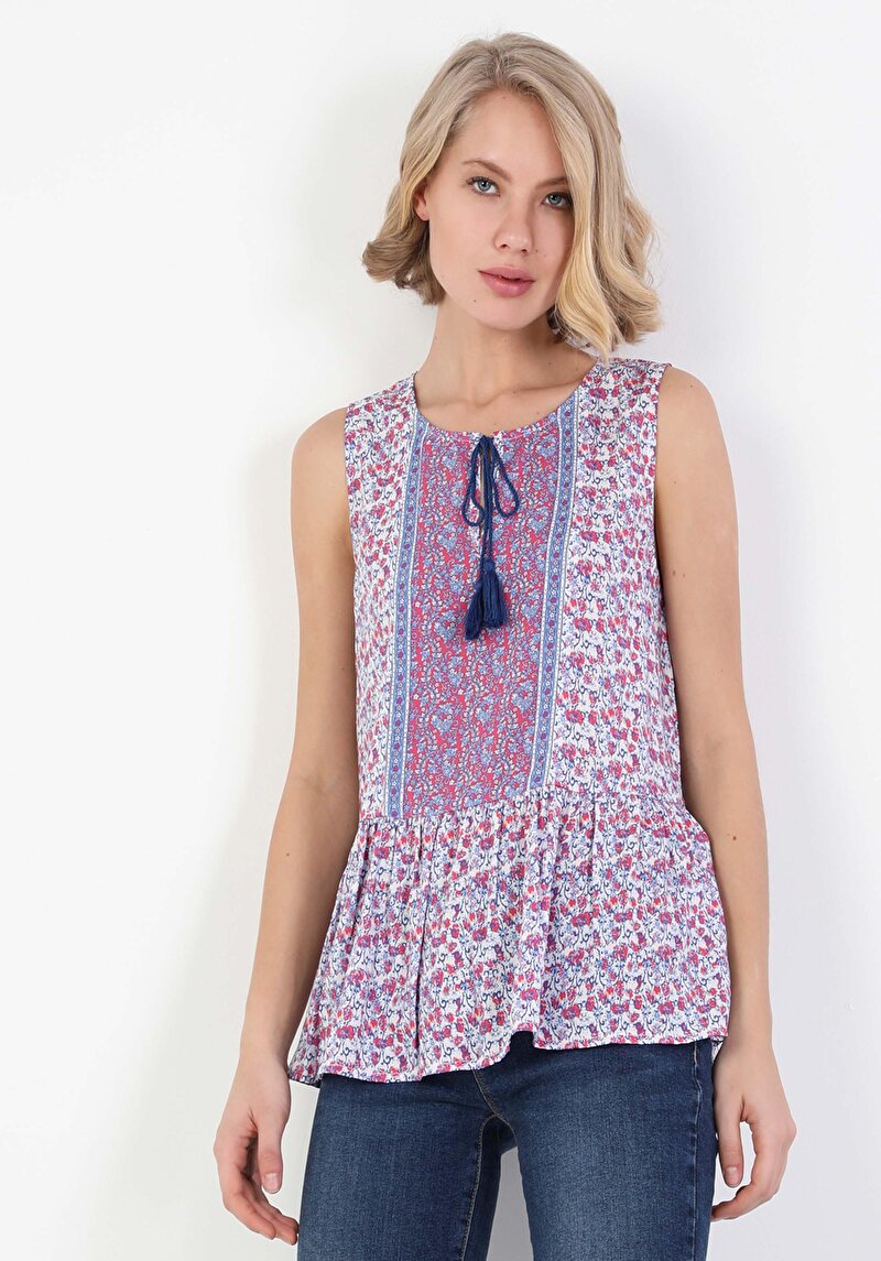 Blouse Derin Yuvarlak Yaka Kadın Mavi Kolsuz Gömlek