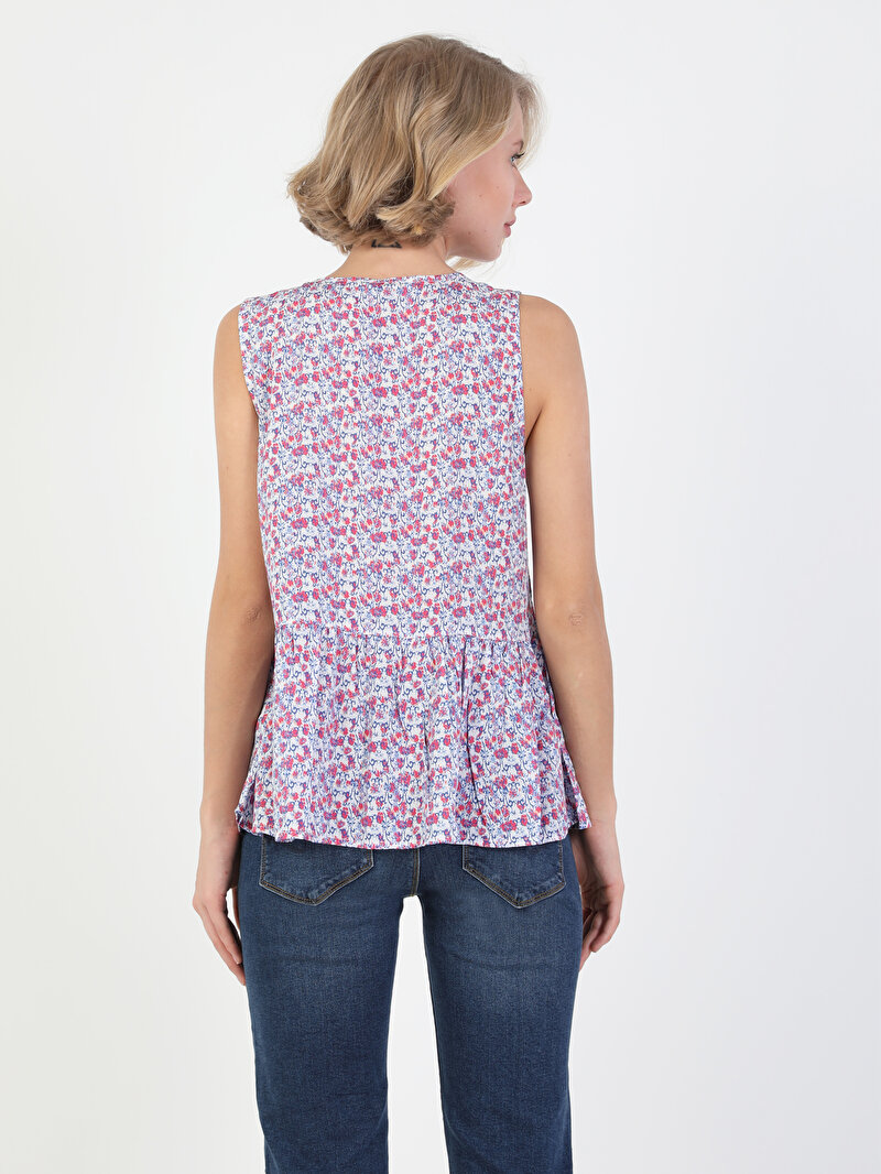 Blouse Derin Yuvarlak Yaka Kadın Mavi Kolsuz Gömlek