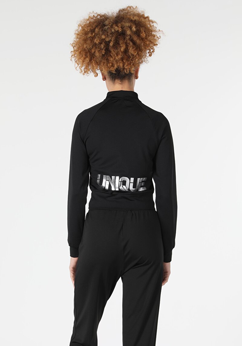 Regular Fit Fermuarlı Krop Siyah Kadın Sweatshirt