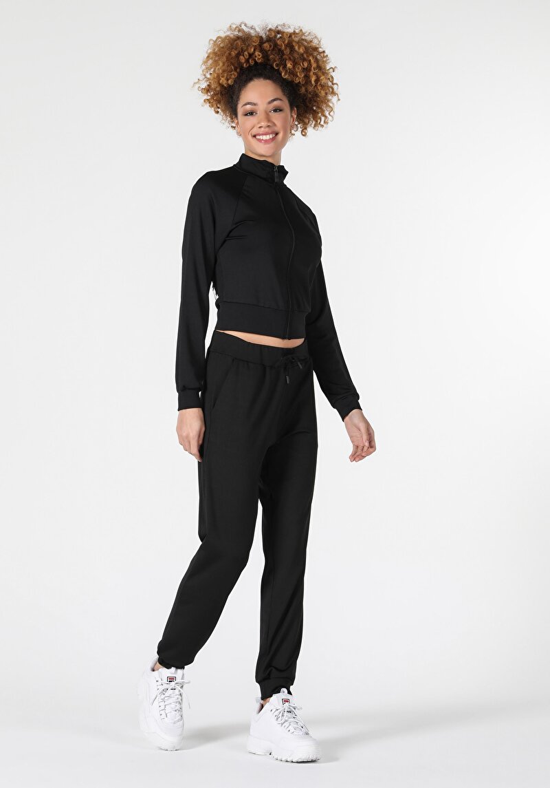 Regular Fit Fermuarlı Krop Siyah Kadın Sweatshirt