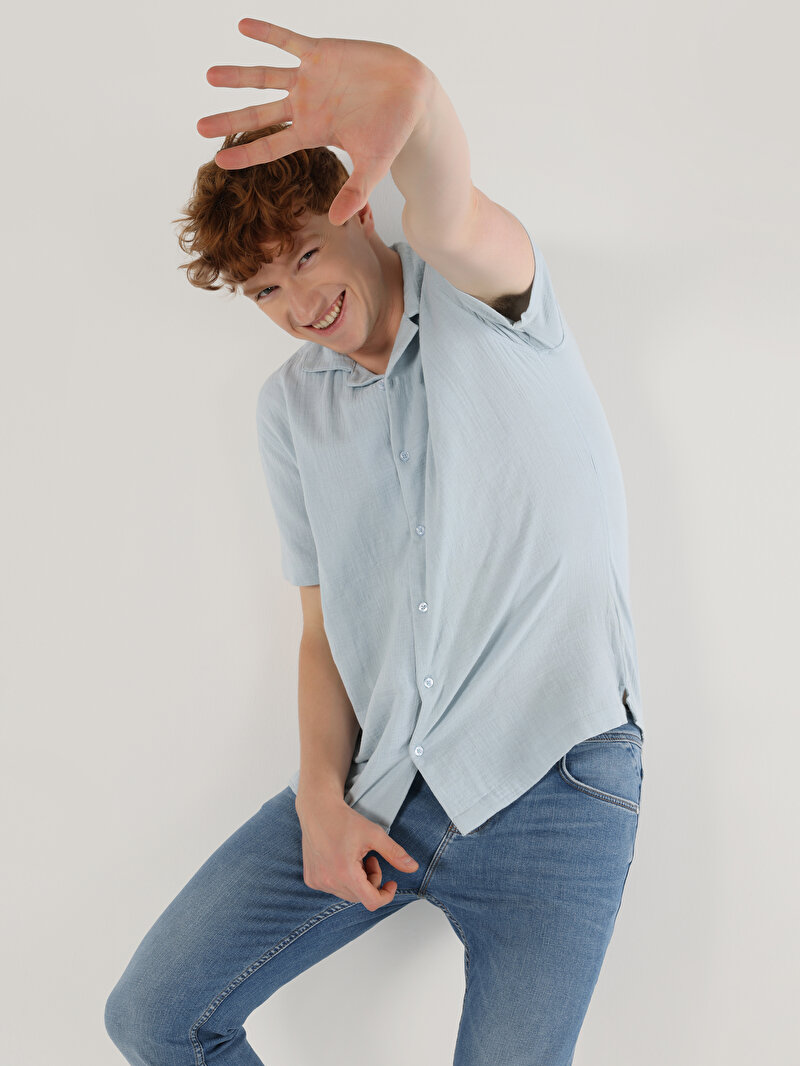Regular Fit Shirt Neck Düz Erkek Mavi Kısa Kol Gömlek
