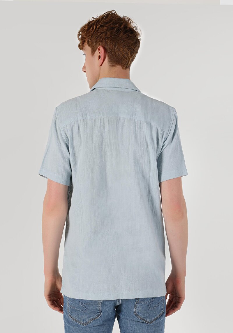 Regular Fit Shirt Neck Düz Erkek Mavi Kısa Kol Gömlek