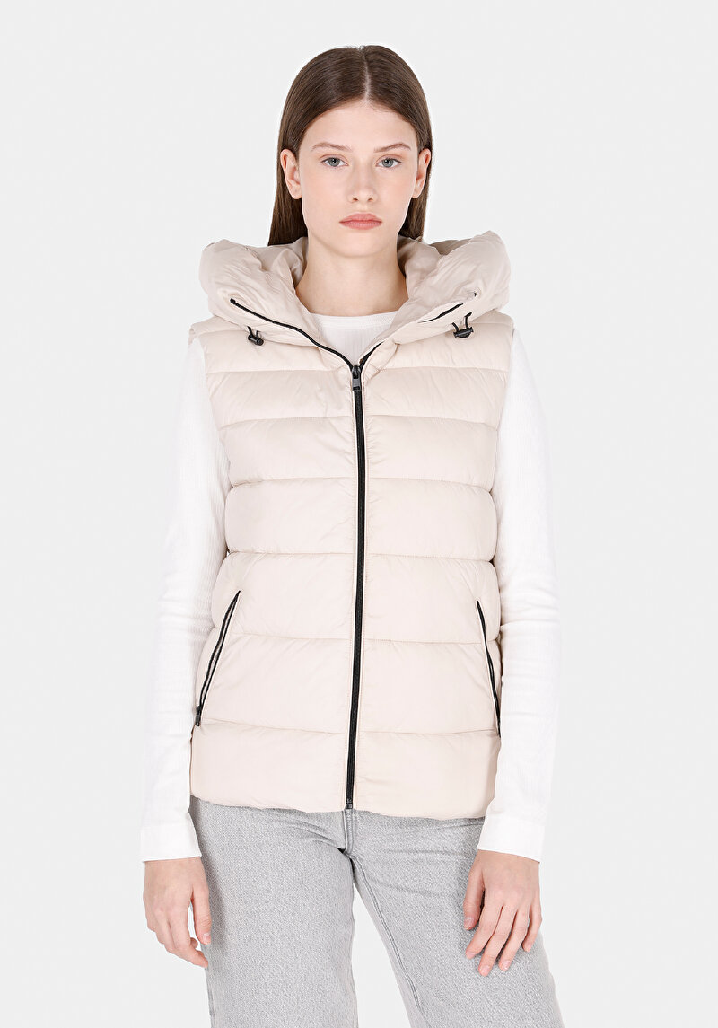 Regular Fit Kapüşonlu Fermuarlı Astarlı Suya Dayanıklı Kadın Bej Yelek