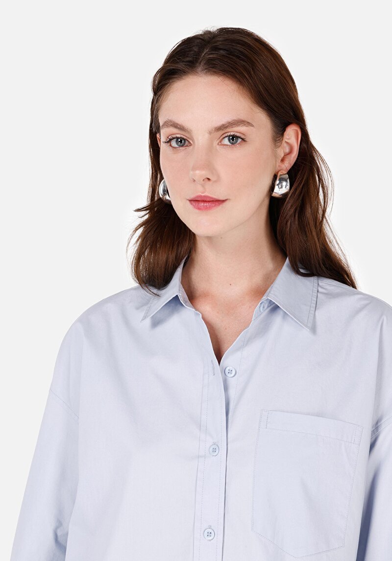 Relaxed Fit Shirt Neck Düz Kadın Mavi Uzun Kol Gömlek