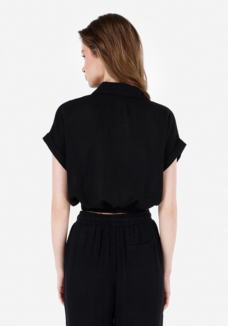 Regular Fit Pamuklu Shirt Neck Kadın Siyah Kısa Kol Gömlek