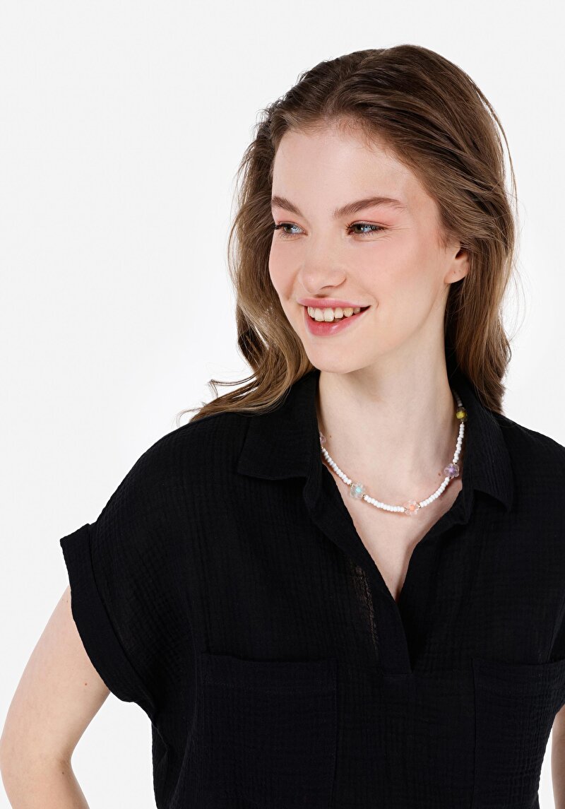 Regular Fit Pamuklu Shirt Neck Kadın Siyah Kısa Kol Gömlek