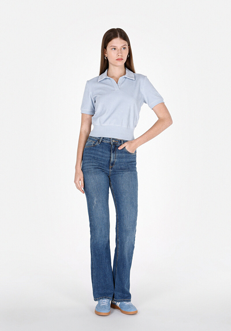 Slim Fit Polo Yaka Düz Kadın Mavi Kısa Kol Tişört